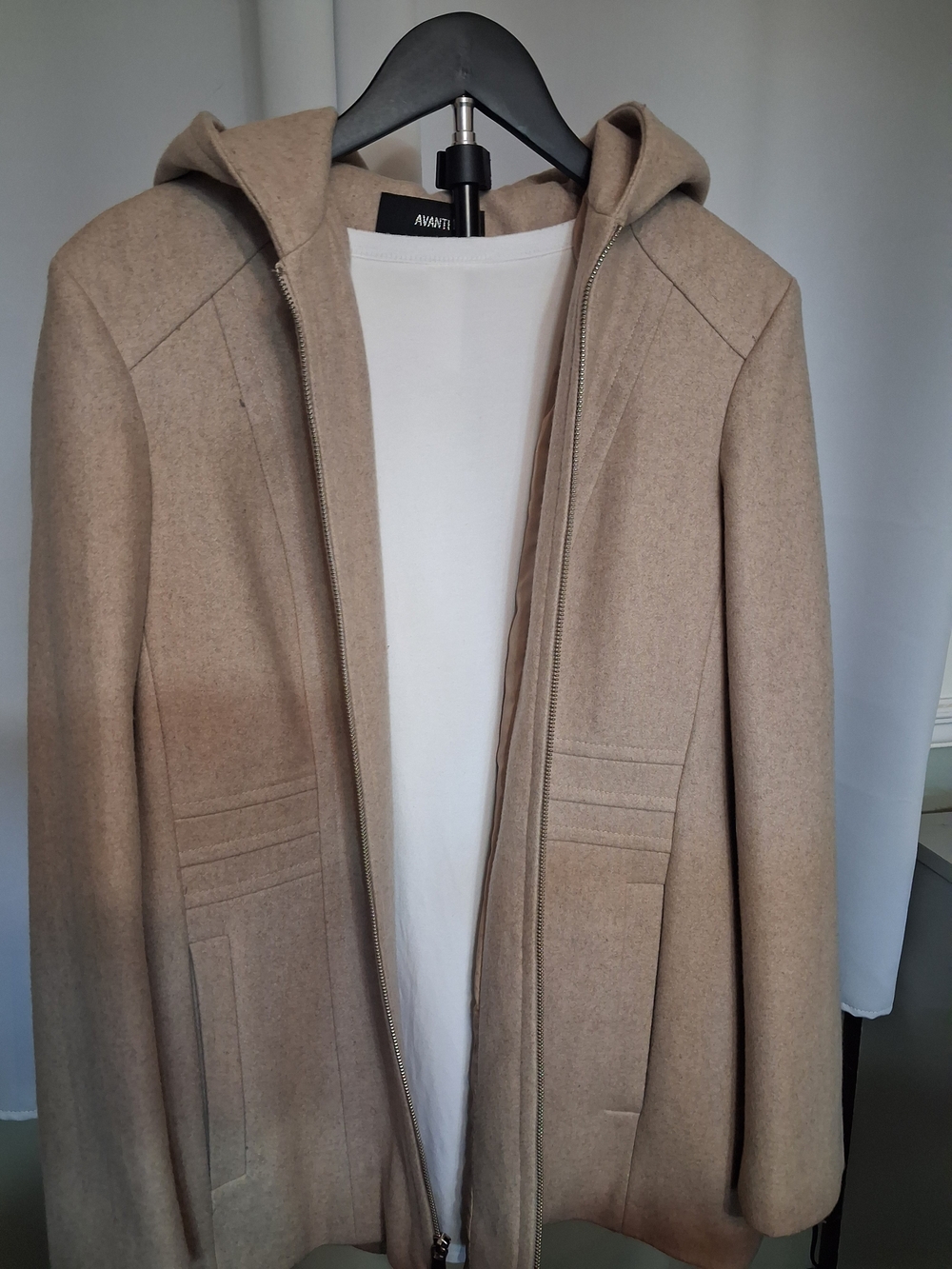 Avanti Womens Hooded Wool-Blend Coat in Beige